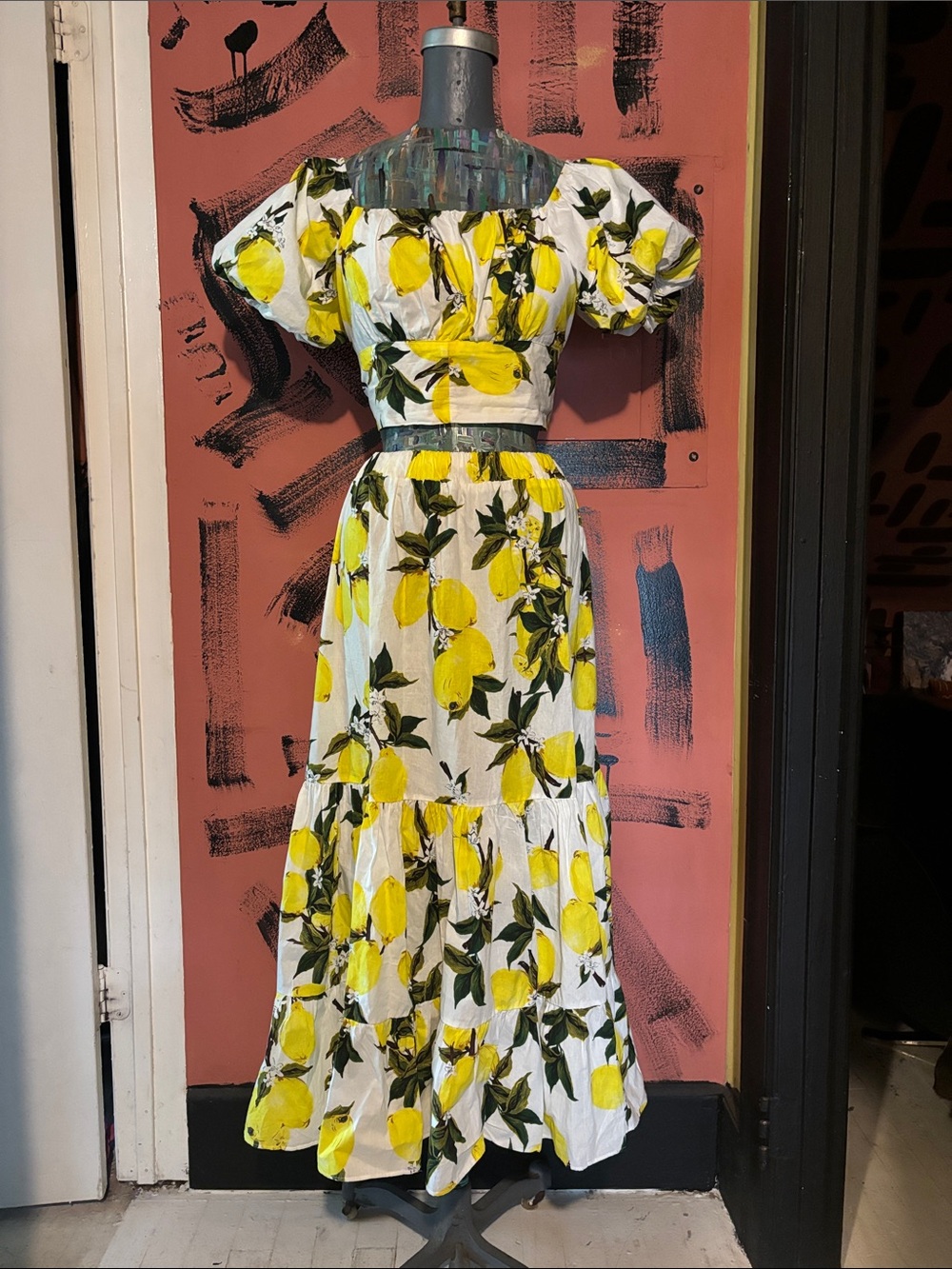 Yellow Lemon Print Puff-Sleeve Maxi 2 piece set